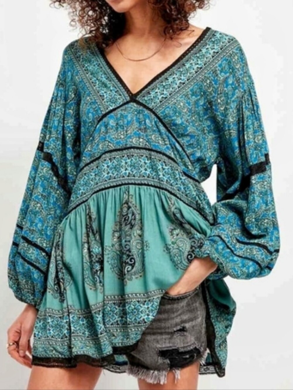 FREE PEOPLE Luna Scarf Print Boho Tunic Top Small Oversized Green Blue